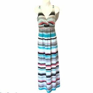 Soma v-neck multicolored red teal white striped v-neck sleeveless maxi dress